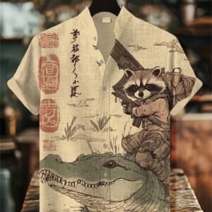 Men's 3D Cat Print Linen Short Sleeve Casual Shirt