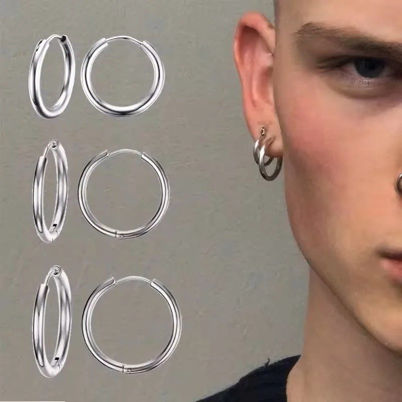Men's Classic Stainless Steel Hoop Huggie Earrings Men's Classic Stainless Steel Hoop Huggie Earrings