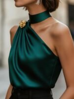 Dark Green Halter One-Shoulder Satin Blouse