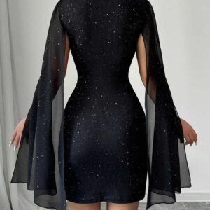Women's Sparkly Turtleneck Lantern Sleeve Mini Dress