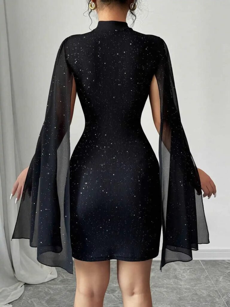 Women's Sparkly Turtleneck Lantern Sleeve Mini Dress