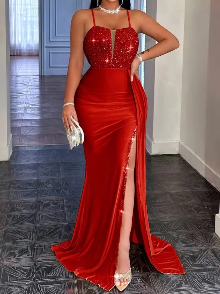 Women's Sequin Cutout Mermaid Train Evening Gown