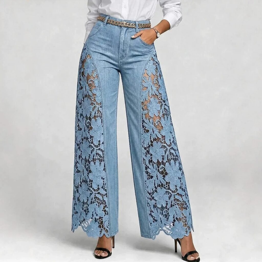 Women's High-Waist Wide-Leg Lace Detail Denim Trousers