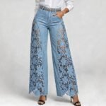 Women's High-Waist Wide-Leg Lace Detail Denim Trousers