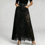 Women's High-Waist Lace Detail A-Line Denim Skirt