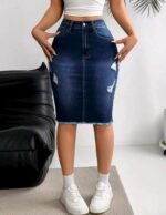 High-Waist Stretch Denim Knee-Length Skirt