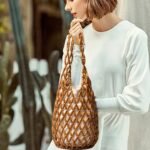 Women's Brown Wooden Bead Woven Shoulder Bag