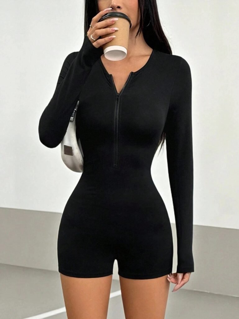 Women's Black Long Sleeve Zip-Up Romper