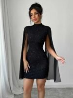 Women's Sparkly Turtleneck Lantern Sleeve Mini Dress