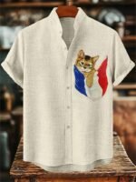 Men's 3D Cat Print Linen Short Sleeve Casual Shirt