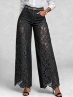 Women's High-Waist Wide-Leg Lace Detail Denim Trousers
