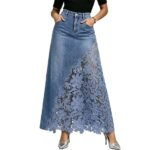 Women's High-Waist Lace Detail A-Line Denim Skirt