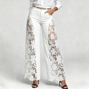 Women's High-Waist Wide-Leg Lace Detail Denim Trousers