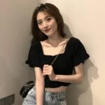 Women's Ruffle Knit Crop Top with Short Sleeves