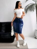 High-Waist Stretch Denim Knee-Length Skirt