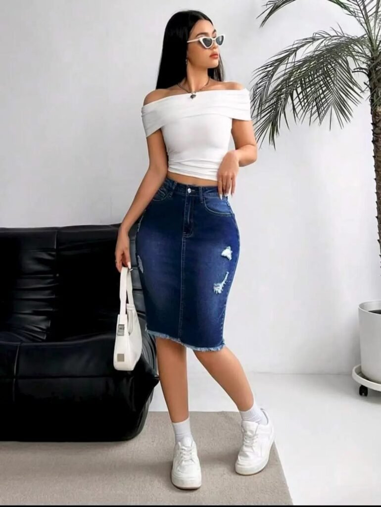 High-Waist Stretch Denim Knee-Length Skirt