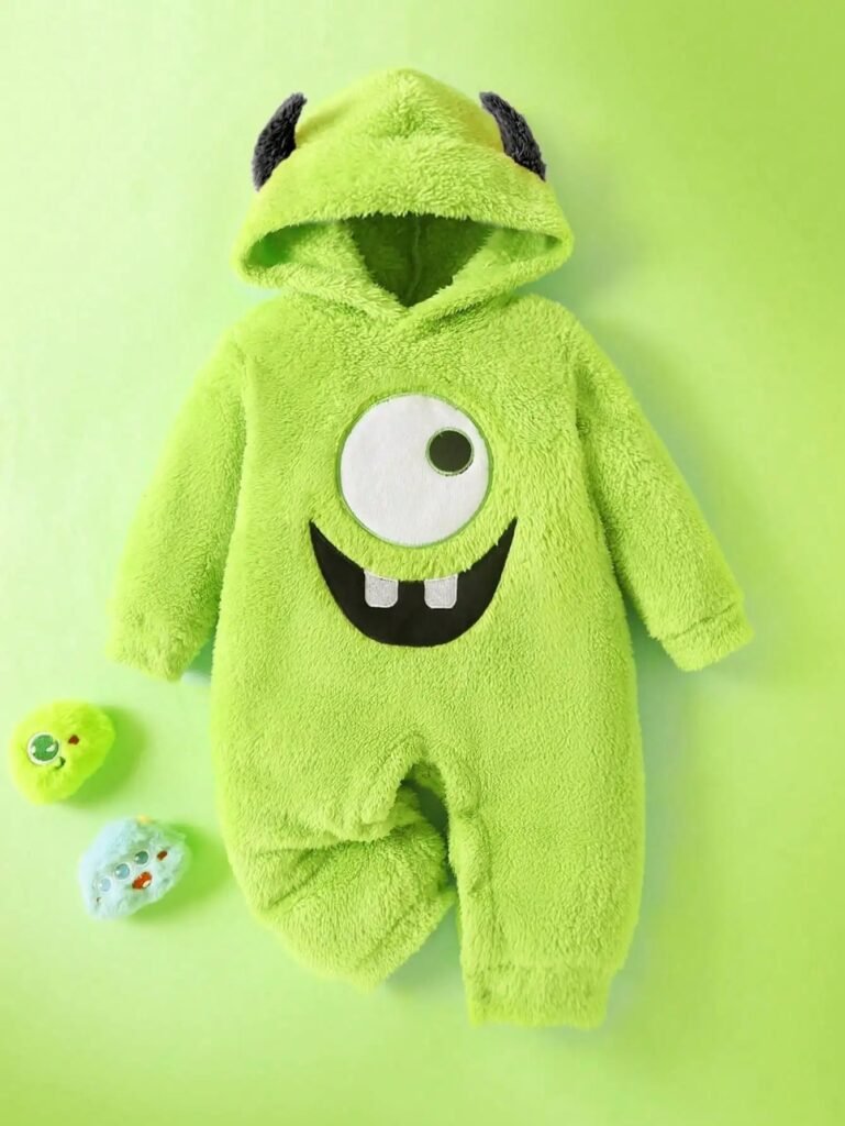 Baby Monster Embroidered Plush Jumpsuit with Ear Hat