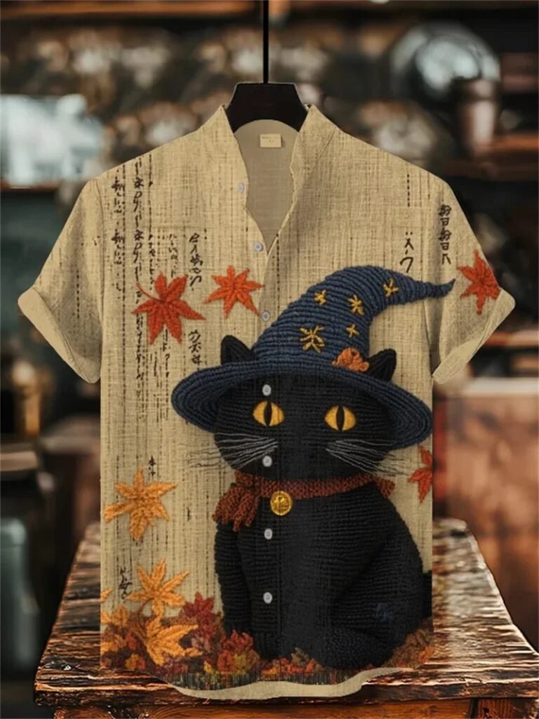 Men's 3D Cat Print Linen Short Sleeve Casual Shirt