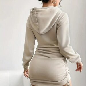 Women's long-sleeve hooded mini dress featuring a simple solid-colour design and casual sporty silhouette. Ideal for everyday wear and outdoor styling.