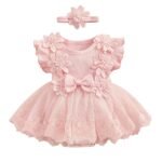 Floral Mesh Romper Dress with Headband for Baby Girls