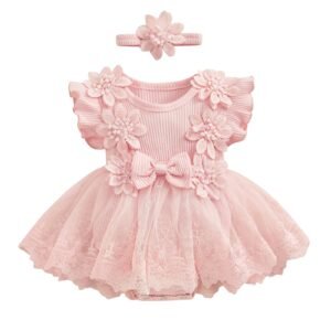 Floral Mesh Romper Dress with Headband for Baby Girls
