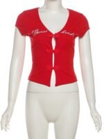 Women's Letter Print Hollow Button Crop Top