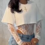 Women's Lace Jacquard Sleeve Slim Fit Bodysuit