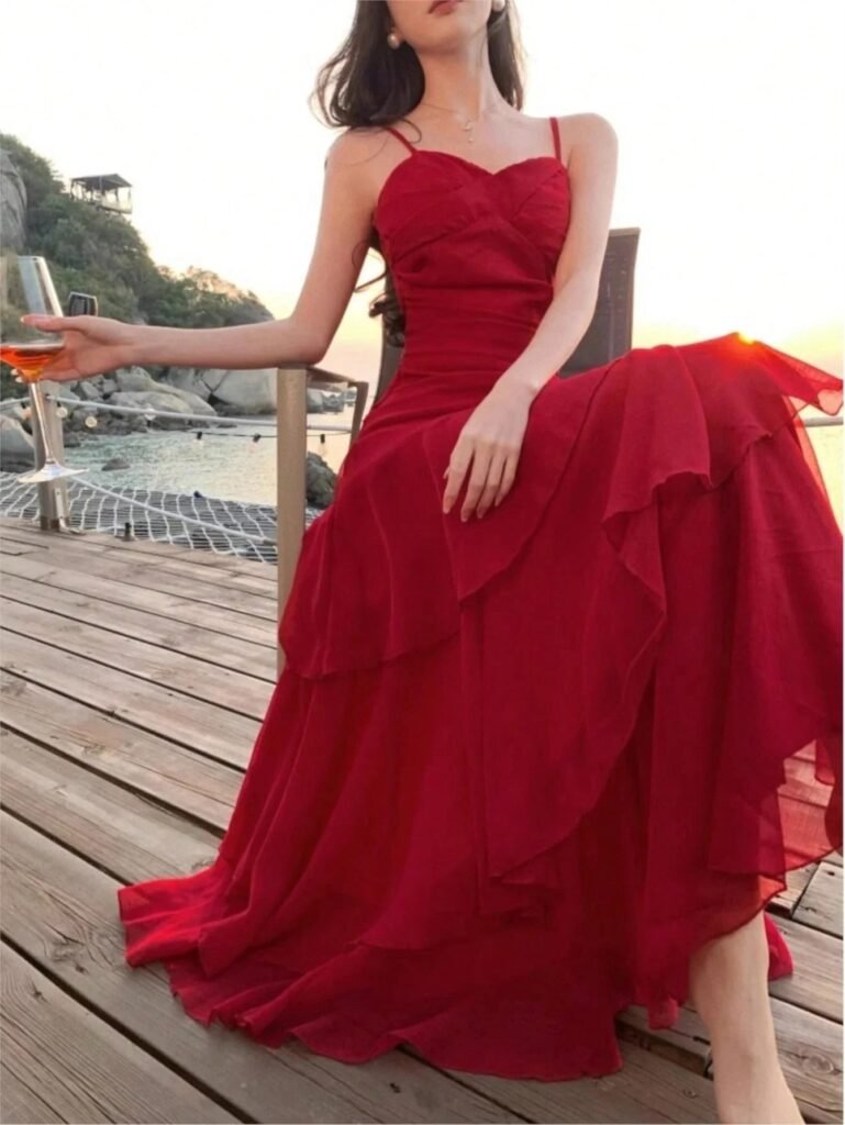 Women's Ruffle Spaghetti Strap Long Summer Party Dress