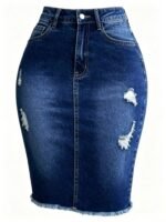 High-Waist Stretch Denim Knee-Length Skirt