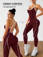 Women's Contrast Piping Open Back Yoga Workout Jumpsuit