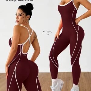 Women's Contrast Piping Open Back Yoga Workout Jumpsuit