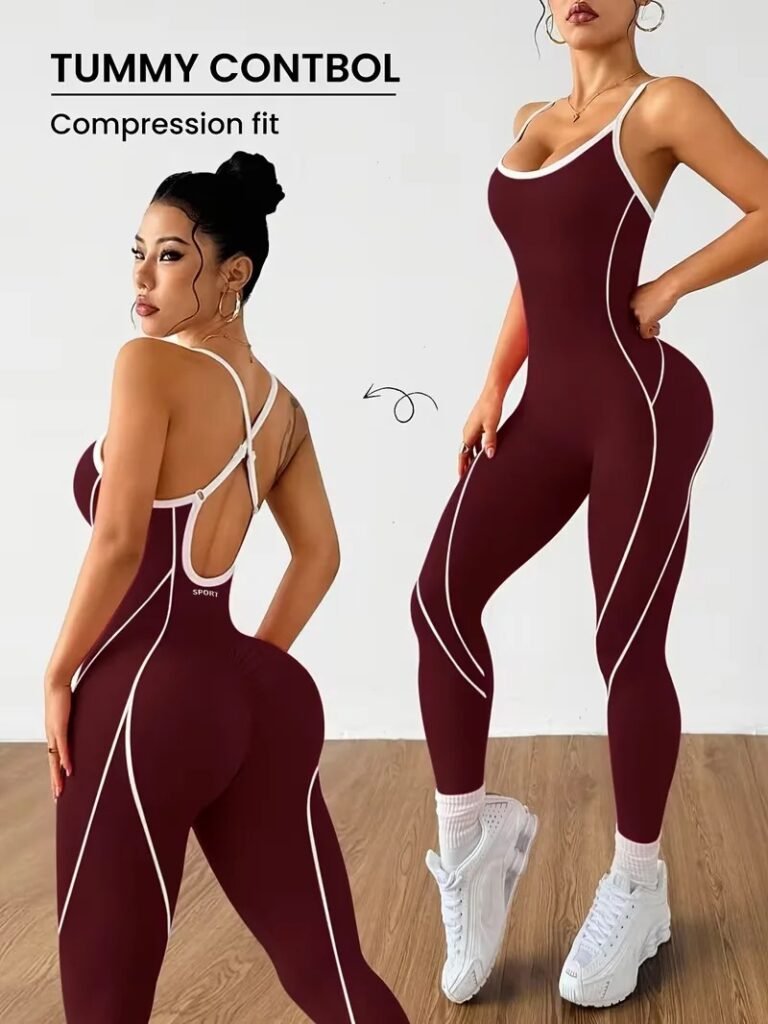 Women's Contrast Piping Open Back Yoga Workout Jumpsuit