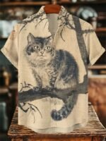 Men's 3D Cat Print Linen Short Sleeve Casual Shirt