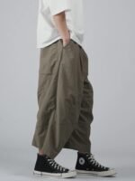 Men's Baggy Wide Leg Cropped Trousers with Elastic Waist