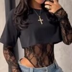 Women's Lace Jacquard Sleeve Slim Fit Bodysuit