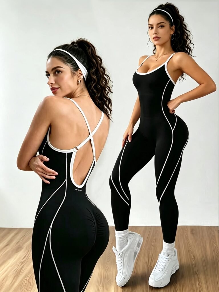 Women's Contrast Piping Open Back Yoga Workout Jumpsuit
