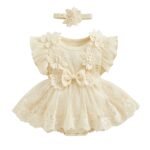 Floral Mesh Romper Dress with Headband for Baby Girls