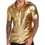 Men's Faux Leather Short Sleeve Button-Up Shirt