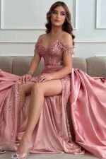 Gold Sequin High-Split Corset Prom Dress