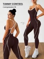 Women's Contrast Piping Open Back Yoga Workout Jumpsuit