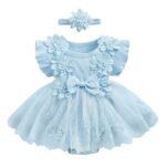 Floral Mesh Romper Dress with Headband for Baby Girls