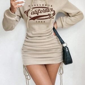 Women's long-sleeve hooded mini dress featuring a simple solid-colour design and casual sporty silhouette. Ideal for everyday wear and outdoor styling.