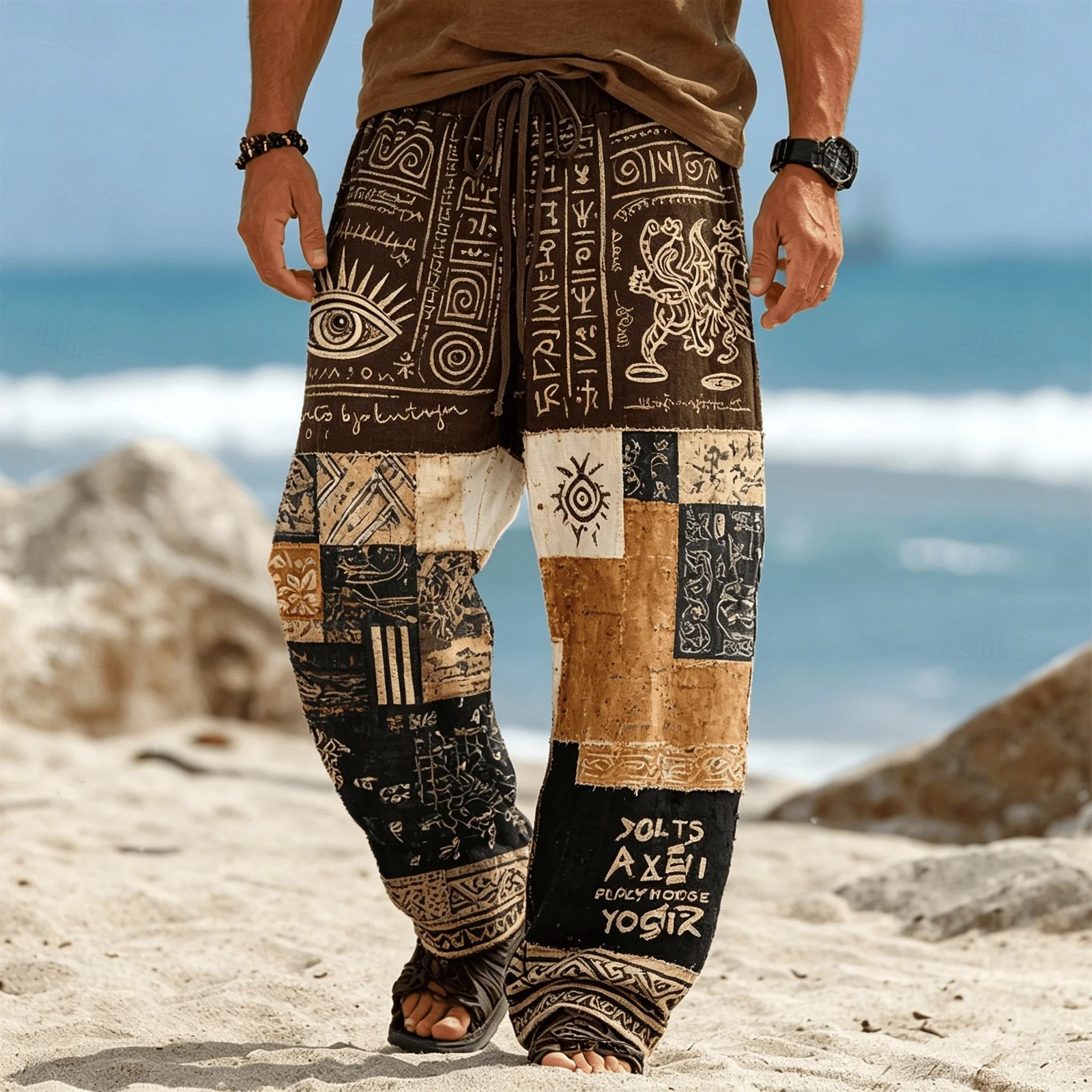 Men's Tribal Patchwork Print Boho Drawstring Trousers Men's Tribal Patchwork Print Boho Drawstring Trousers